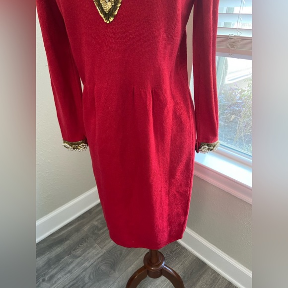 Vintage Don Sayres for Wellmore Neiman Marcus Red Knit Dress Sequins Pearls SZ 4 - Picture 3 of 16
